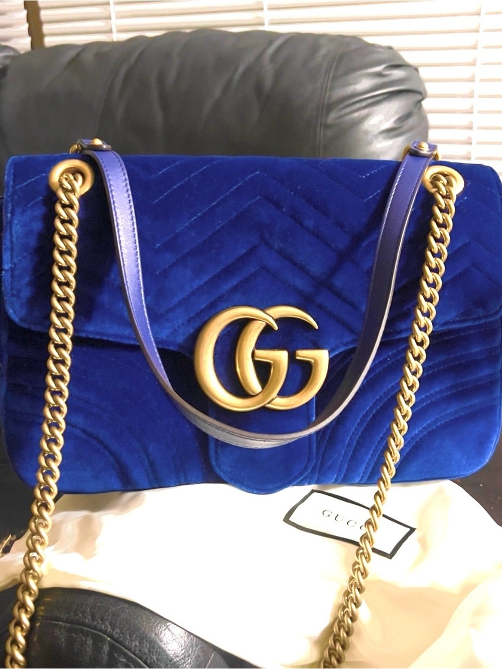GUCCI GG Marmont Velvet Cobalt Blue Medium Shoulder Bag with duster and cards